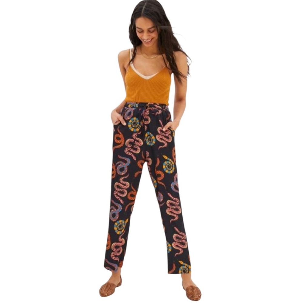 FARM Rio “Serpentine” Pull-On Drawstring Pants Black Viscose Beaded Tassels NWT